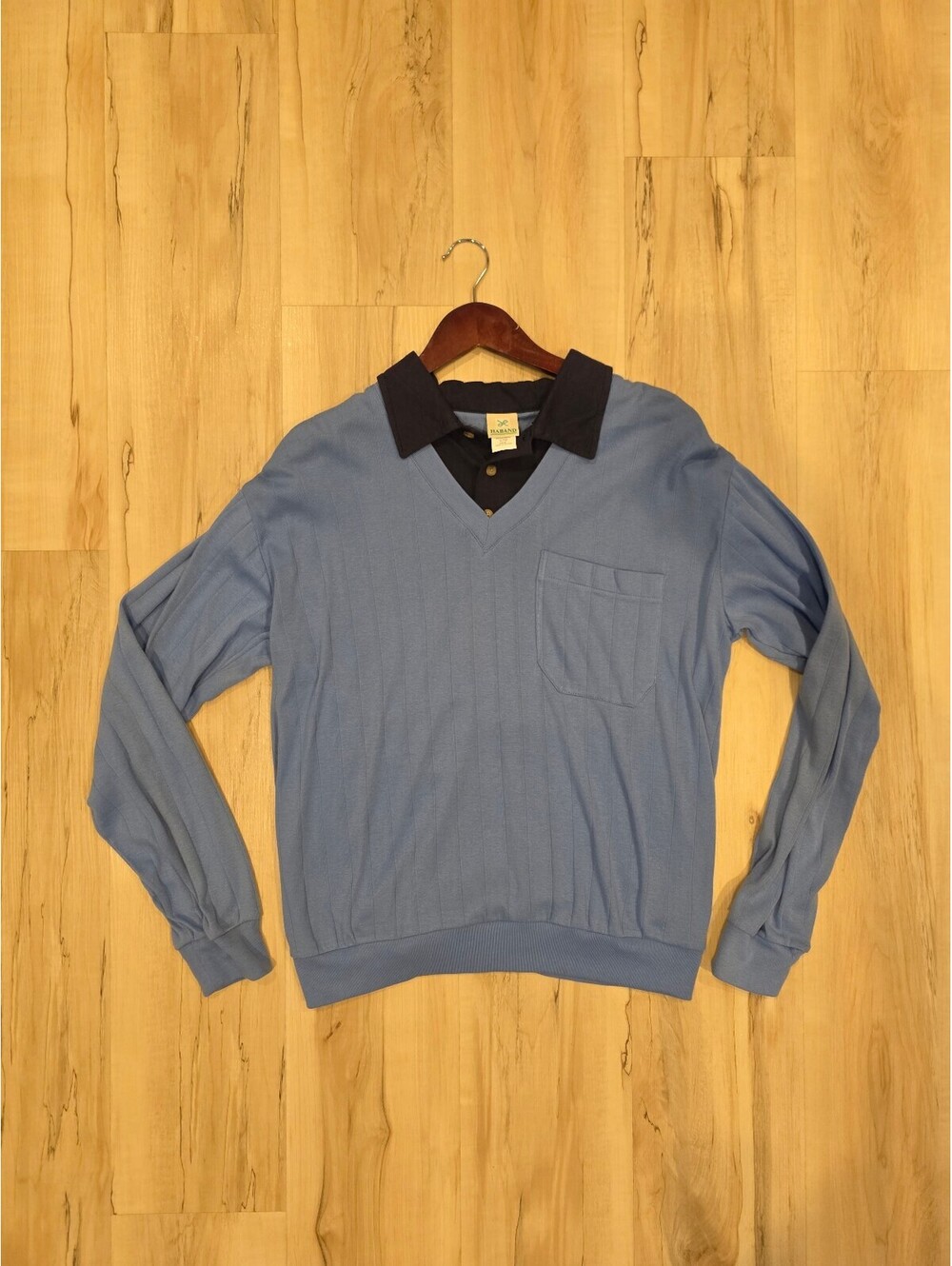Haband Men's Medium Blue V-Neck Pullover Sweater with Navy Collar